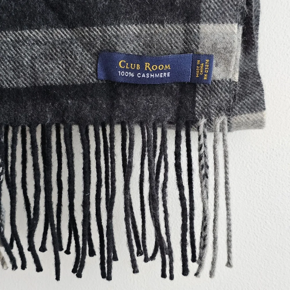 Club Room Men's Plaid Fringe Scarf in Charcoal and Light Gray
